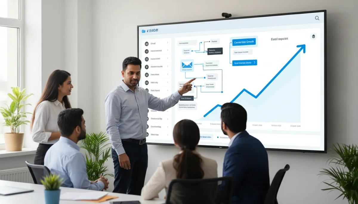 photorealistic Indian SME office with a small sales team looking at a large screen dashboard showing automated email and WhatsApp workflows in vivid blue #1840ff, soft white #fefdf8 backgrounds and charcoal black #333333 accents, confident owner pointing at rising conversion graph