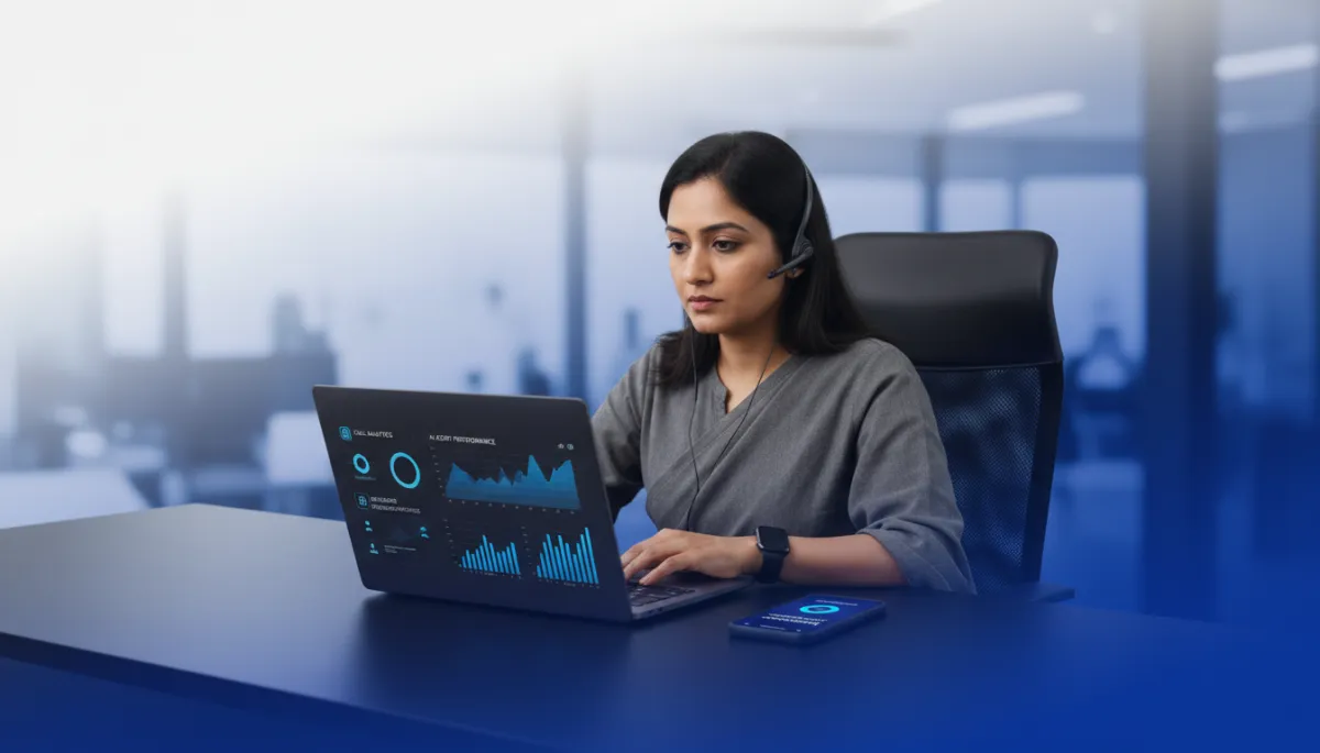 photorealistic scene of an Indian small business owner in a modern office, looking at a dashboard on a laptop showing call analytics and AI voice agent performance, smartphone on desk receiving an incoming customer call that is auto-answered by AI; color accents in Vivid Blue #1840ff, Soft White #fefdf8 backgrounds, and Charcoal Black #333333 furniture