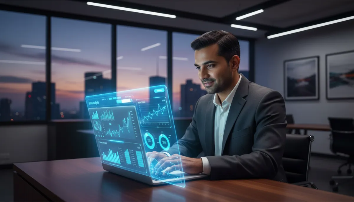 photorealistic scene of an Indian business owner in a modern office at dusk, reviewing a vivid blue AI analytics dashboard on a laptop, charts and ROI graphs glowing in Vivid Blue #1840ff against a Soft White #fefdf8 and Charcoal Black #333333 interface, professional and data-driven mood