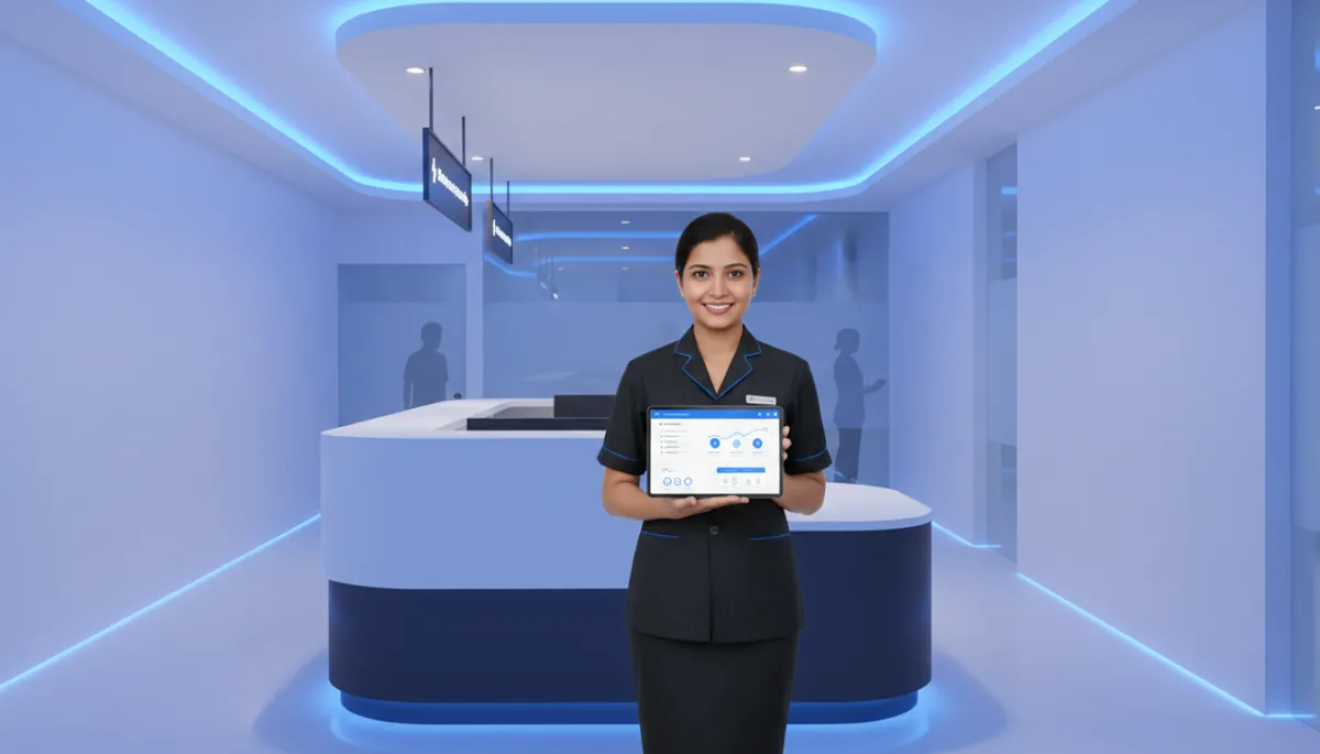 photorealistic modern Indian hospital reception area with soft white walls and vivid blue #1840ff accent lighting, friendly Indian staff member standing at the front desk looking at a tablet showing an AI-powered patient management and CRM dashboard, subtle charts of appointment reminders and no-show rates, clean professional atmosphere, charcoal black #333333 signage