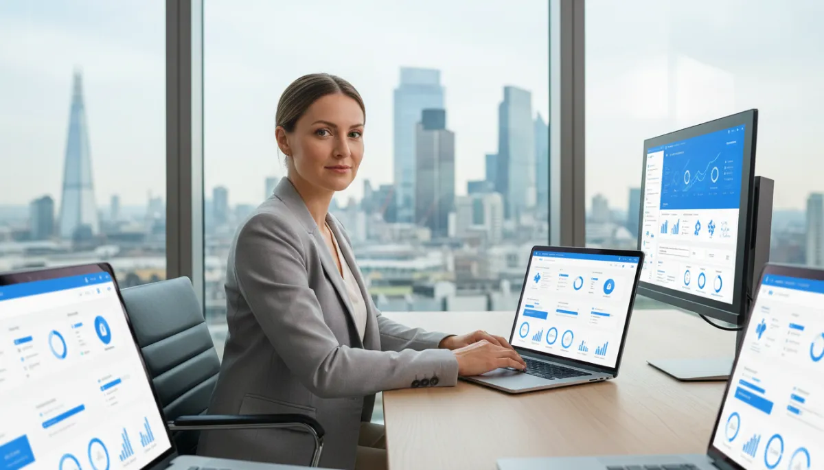 photorealistic British small business owner at a clean modern UK desk, reviewing an AI lead generation dashboard on a laptop that uses vivid blue #1840ff accents on a soft white #fefdf8 interface, floor-to-ceiling window showing the City of London skyline in the background, calm daylight, subtle charcoal black #333333 details on chair and monitor stand, professional and confident atmosphere