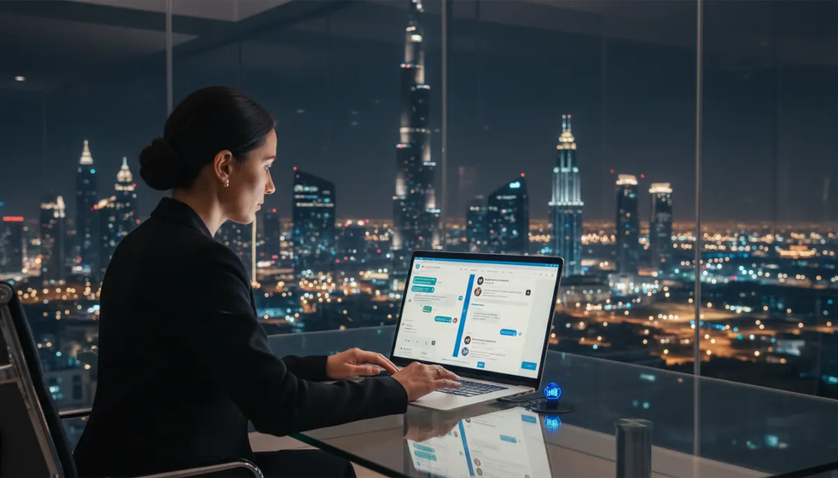 photorealistic scene of Dubai business owner in glass office at night, looking at laptop showing WhatsApp and website chat conversations handled by AI chatbot, Burj Khalifa skyline outside, vivid blue #1840ff accents on screens and UI elements