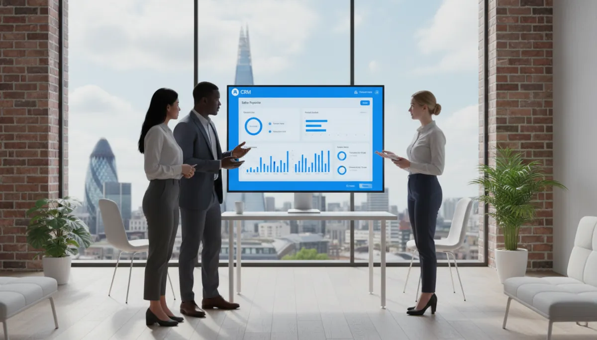 photorealistic scene of a small UK office with a diverse team of three people reviewing a vivid blue #1840ff CRM dashboard on a large monitor, showing sales pipeline stages and automated tasks, with London skyline visible through the window