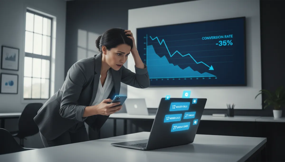 photorealistic scene of a US small business owner in a modern office, frustrated while looking at missed call and unread lead notifications on a laptop and smartphone, large wall monitor showing dropping conversion graph in vivid blue #1840ff accents