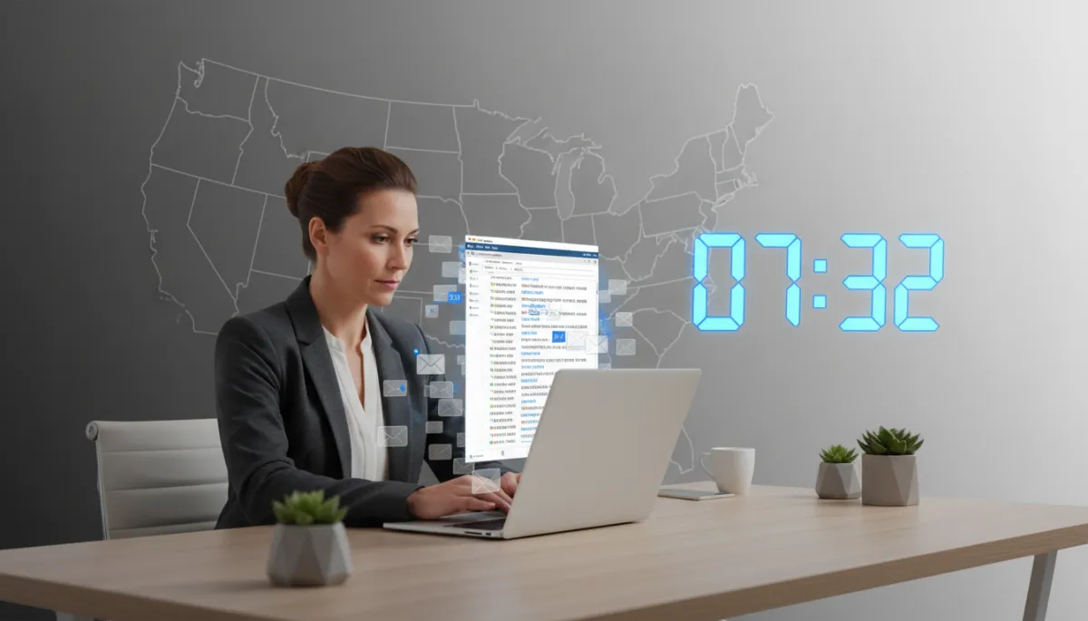 photorealistic scene of an American small business owner in a modern office, looking at a laptop showing a flooded inbox of new leads while a large on-screen clock glows vivid blue #1840ff counting minutes, subtle USA map outline in background