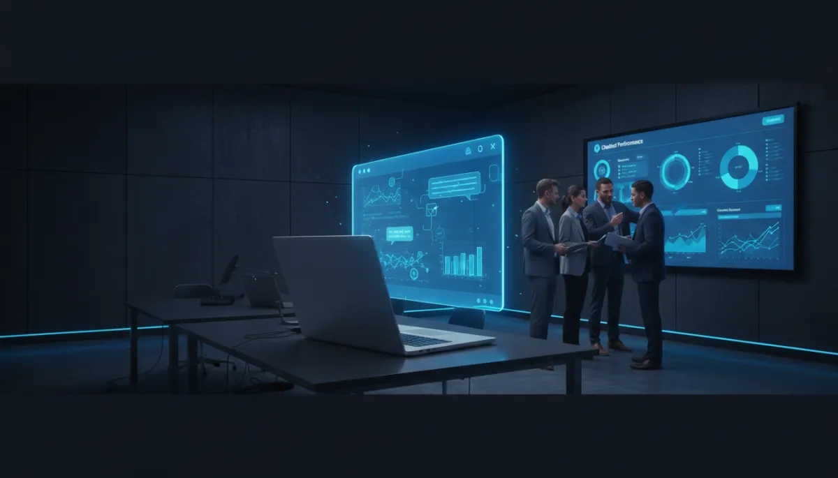 professional photorealistic dark tech office scene in vivid blue and charcoal tones, large transparent chat interface floating above a laptop, subtle data graphs and message bubbles glowing blue, diverse executives reviewing chatbot analytics on a wall screen