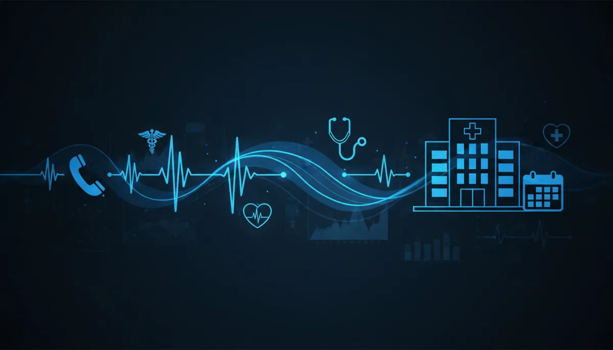 professional dark background medical clinic control room with electric blue voice waveforms flowing from a glowing phone icon to a stylized hospital building and calendar, subtle medical iconography like stethoscope and heart rate line, sleek data charts in the background