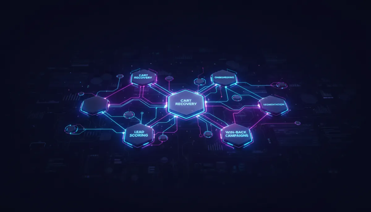 professional dark tech style dashboard showing interconnected e-commerce CRM automation workflows, nodes for cart recovery, onboarding, segmentation, lead scoring, win-back campaigns glowing in neon blues and purples