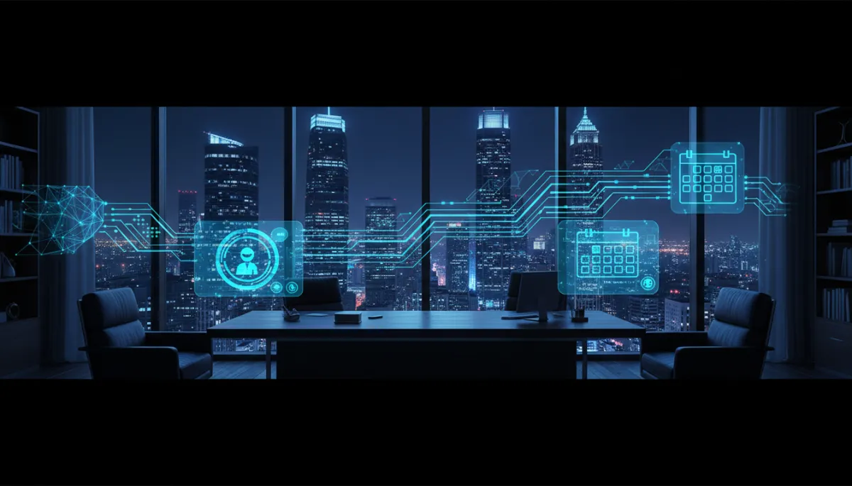 professional dark premium real estate office overlooking night city skyline with glowing blue AI data streams forming a lead pipeline across skyscrapers, subtle UI elements showing chatbots and calendars