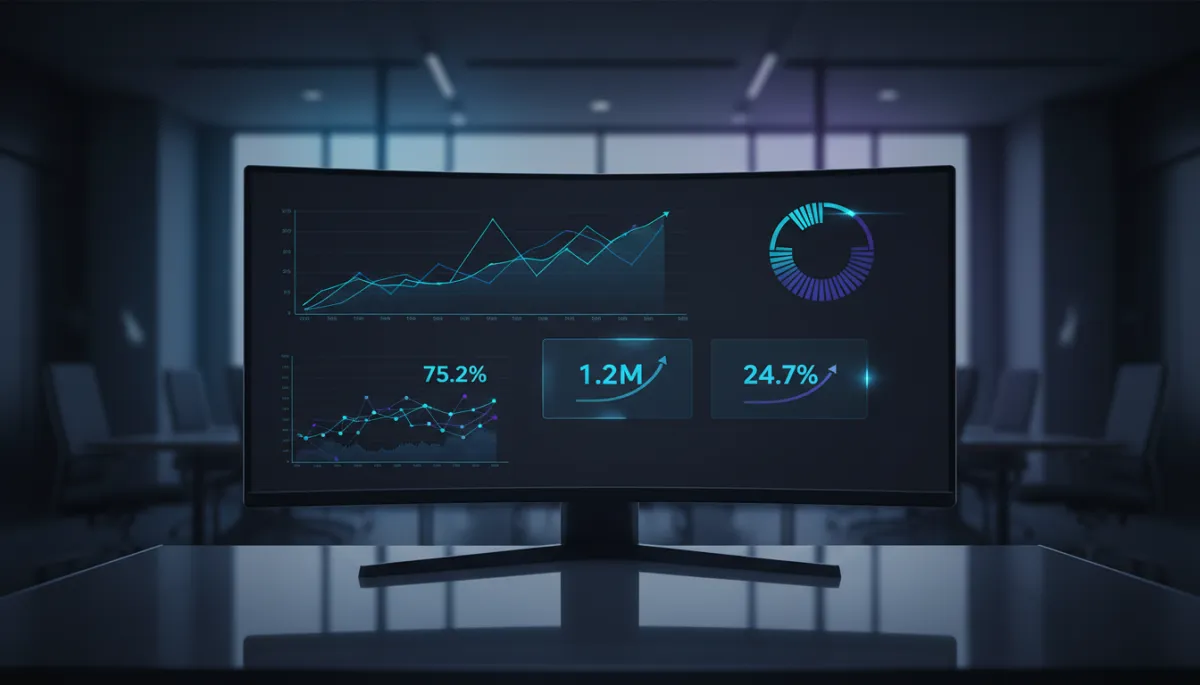 professional dark analytics dashboard aesthetic with vivid blue glowing charts, KPI cards and trend lines on large monitor in a dim office, subtle reflections on glass surfaces