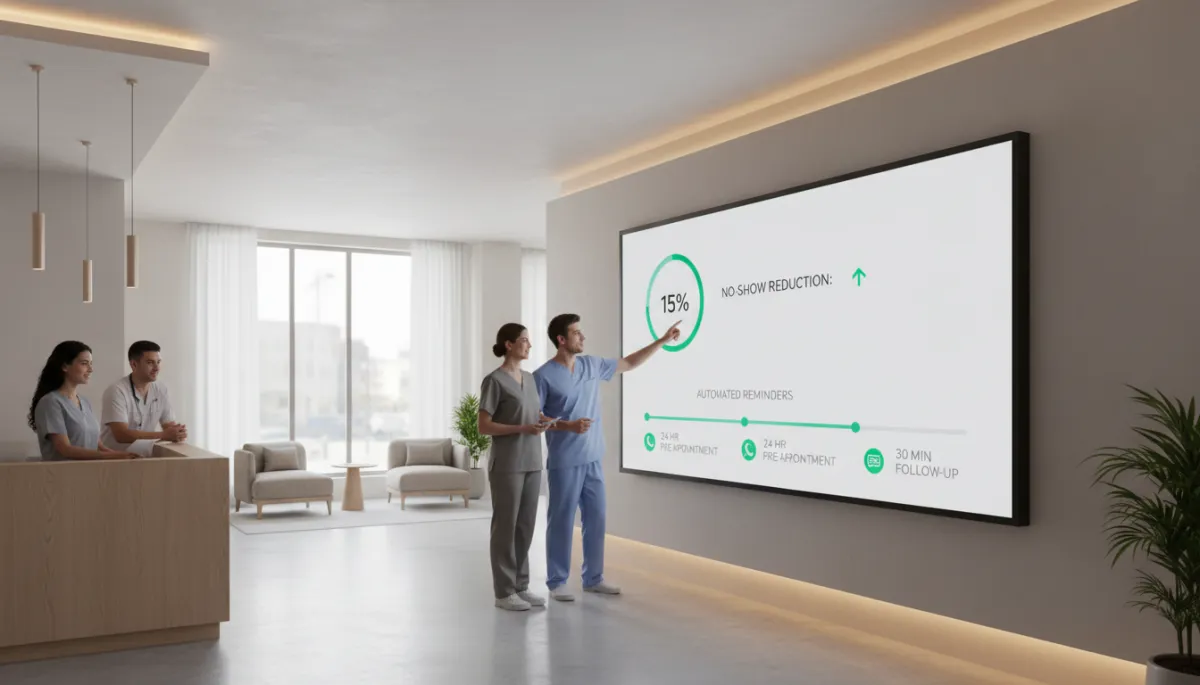 photorealistic neutral-toned modern medical clinic reception area with a diverse team of staff reviewing an AI-powered appointment dashboard on a large screen, showing reduced no-show metrics and automated WhatsApp and SMS reminders timeline