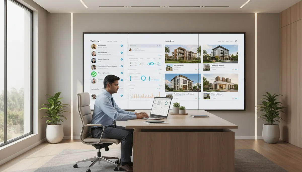 photorealistic neutral-toned modern Indian real estate office, mid-career broker in formal shirt reviewing AI CRM dashboard on laptop, WhatsApp chats and property listings visible on large wall screen, soft natural lighting and professional ambience