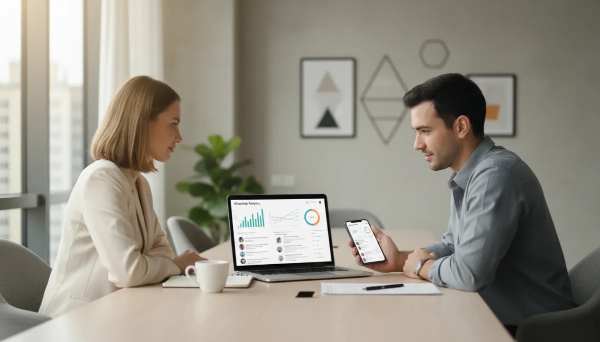 photorealistic neutral-toned modern office with a small business owner and marketing manager reviewing WhatsApp analytics on a laptop and smartphone, charts and message threads visible on screen, soft natural lighting, professional setting