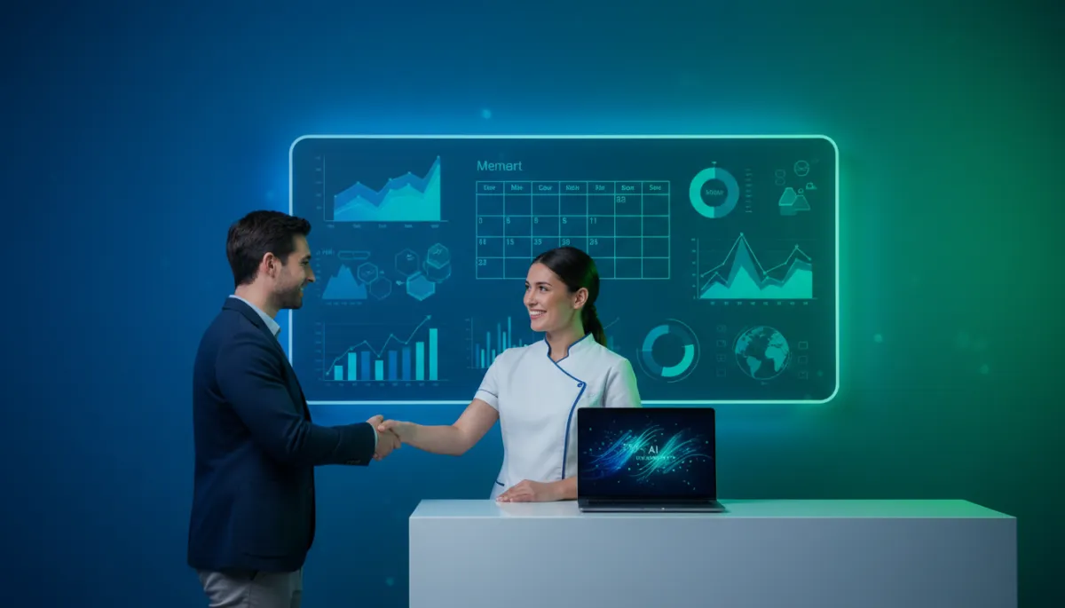 photorealistic modern med spa reception with blue and green accent lighting, large digital dashboard showing appointment calendar and analytics on wall, staff member greeting a client while AI-powered booking notifications appear on a sleek laptop screen