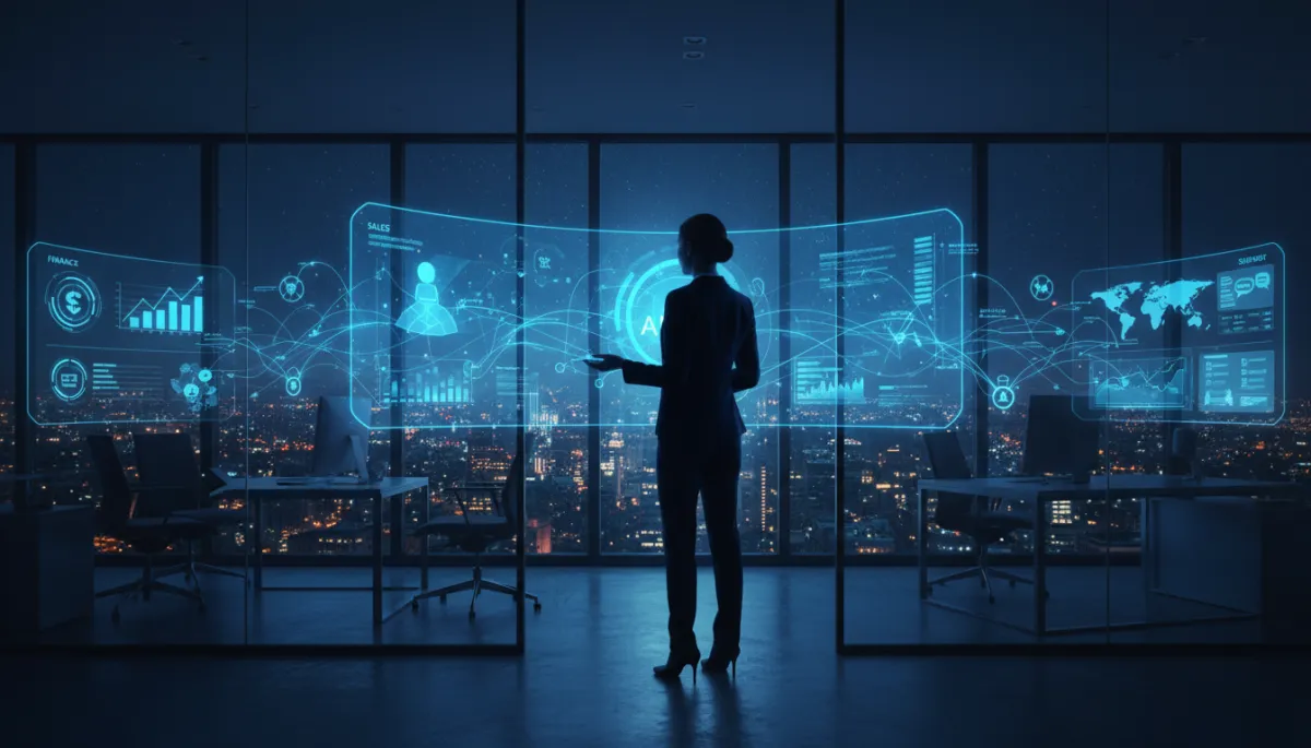 dark electric blue tech photorealistic scene of a CEO in a glass office overlooking a city at night, holographic dashboards showing interconnected AI agents automating business workflows across finance, sales and support, glowing network lines and nodes