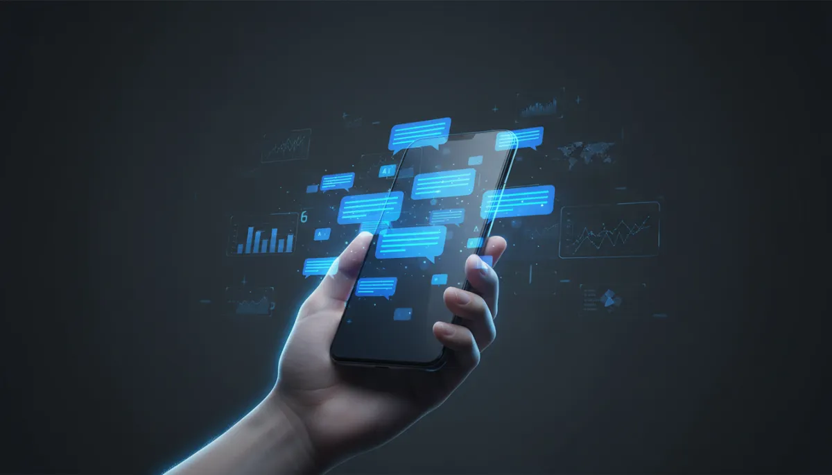 dark mobile tech, vivid blue smartphone AI message bubbles on charcoal background, subtle glow around a hand holding a phone, futuristic charts faintly in the background