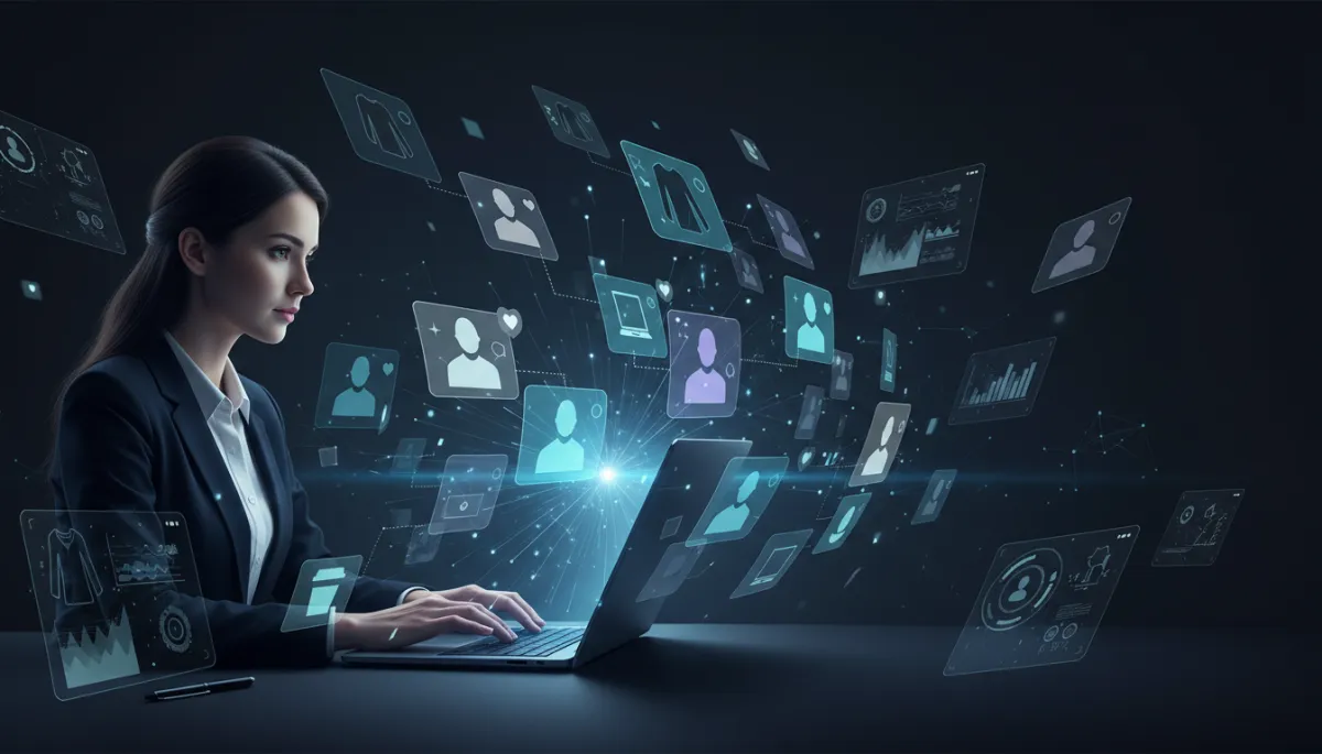 dark personalization-AI visual showing a small business owner in front of a laptop with glowing customer profiles and product tiles dynamically rearranging around each shopper, cool neutral tones, futuristic dashboard overlays