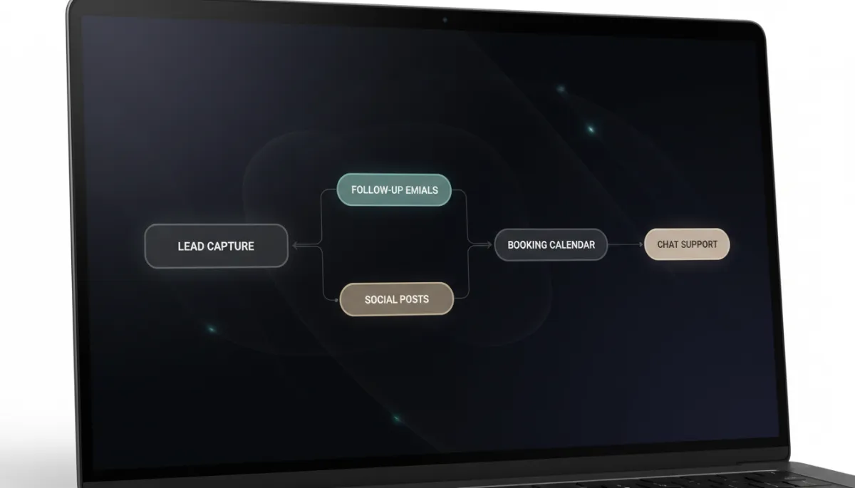 dark no-code workflow builder interface on a laptop screen showing connected blocks for lead capture, follow-up emails, booking calendar, social posts, and chat support, subtle neutral accent colors, clean modern dashboard style