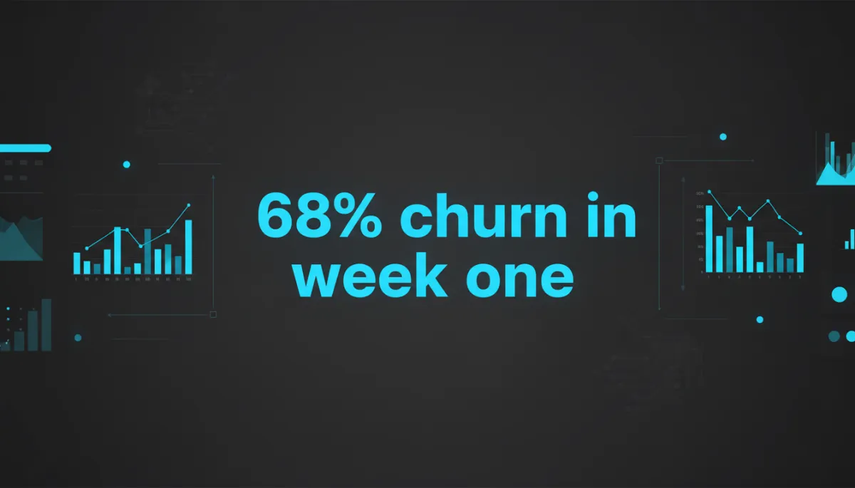 dark tech aesthetic dashboard view in charcoal #333333 with vivid blue #1840ff glow charts, bold Montserrat typography overlay showing '68% churn in week one' as central stat, subtle circuit patterns and SaaS UI elements in the background