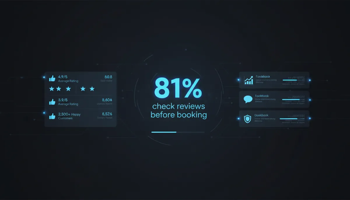 dark tech aesthetic dashboard showing glowing blue #1840ff Google review stats and notification cards on charcoal #333333 background, sleek UI with Montserrat typography, bold '81% check reviews before booking' as central overlay text