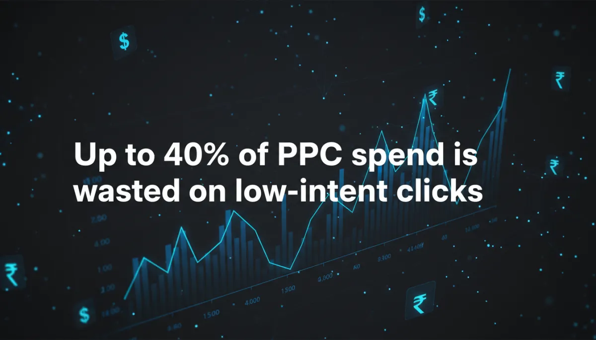 dark tech aesthetic dashboard showing glowing blue #1840ff PPC performance charts on charcoal #333333 background, bold Montserrat statistic overlay 'Up to 40% of PPC spend is wasted on low-intent clicks', subtle AI network lines and holographic rupee and dollar icons