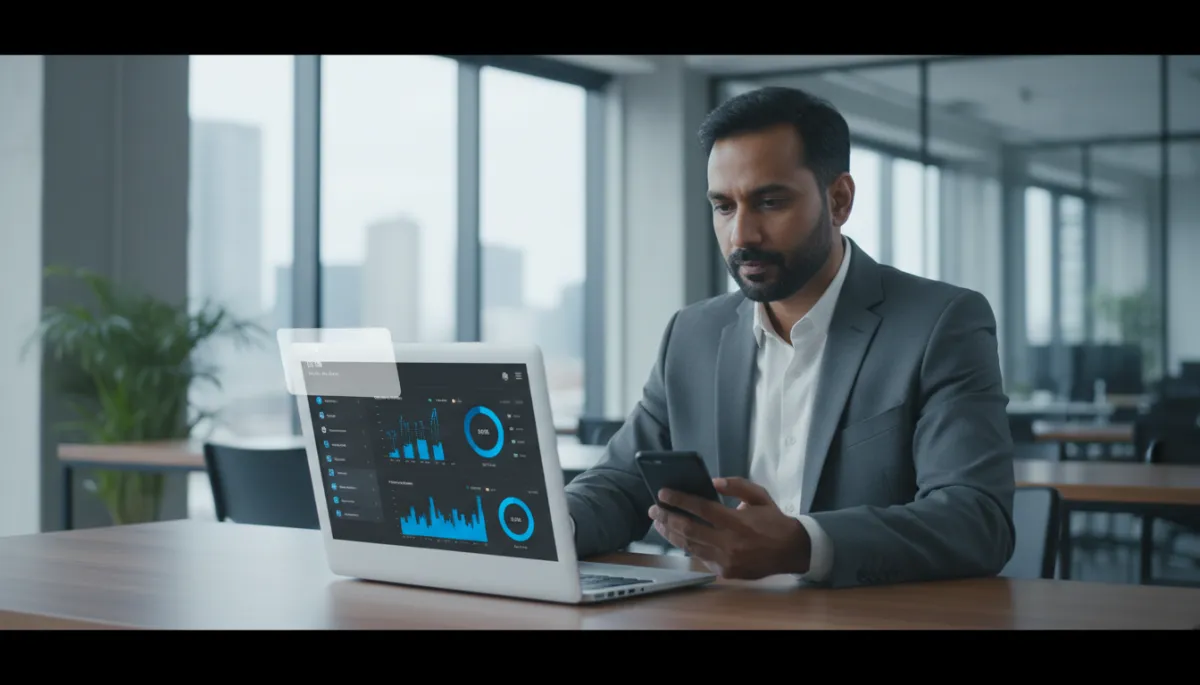 photorealistic wide shot of an SME owner in a modern office reviewing a WhatsApp analytics dashboard on a laptop and smartphone, interface elements glowing in Vivid Blue #1840ff against Charcoal #333333 backgrounds with Soft White #fefdf8 accents, subtle overlay text area for title and subtitle