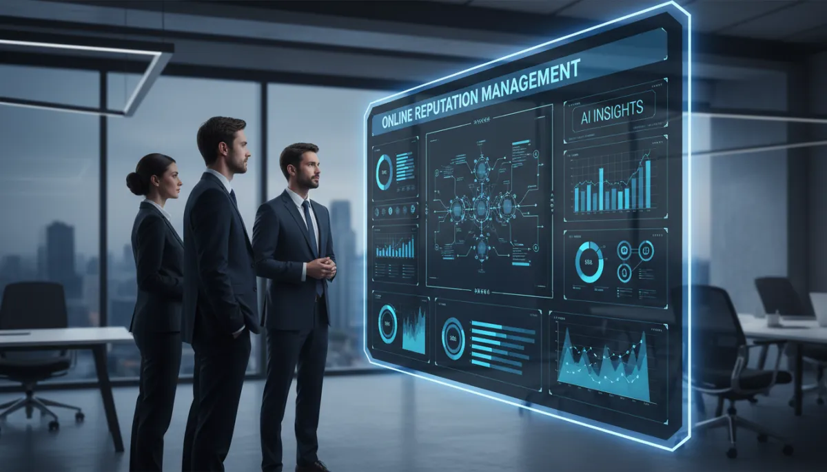 photorealistic wide shot of SME leadership team reviewing an AI-driven reputation dashboard on a large screen in a modern office, interface elements glowing in vivid blue #1840ff against charcoal #333333 panels with soft white #fefdf8 accents, subtle overlay text on screen reading Online Reputation Management and AI Insights