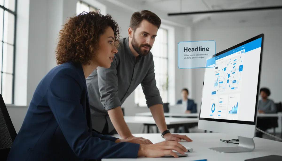 photorealistic modern SME owner and marketing manager reviewing an AI-generated website on a large monitor in a bright office, UI elements in Vivid Blue #1840ff with accents of Charcoal #333333 on a Soft White #fefdf8 background, subtle overlay text area for headline and subheadline