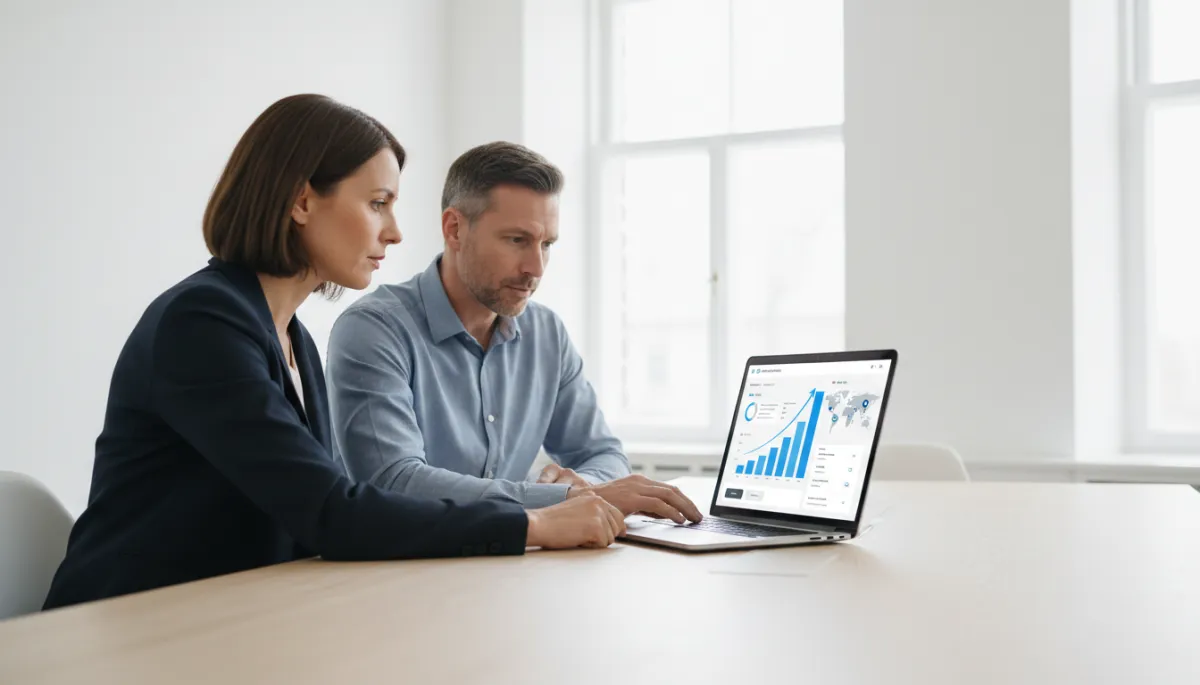photorealistic scene of a small business owner and marketing manager reviewing an AI-driven ad dashboard on a laptop in a modern office; charts with improving ROI, maps and audience segments on screen; subtle Nexurate brand colors with vivid blue #1840ff charts, charcoal #333333 interface elements, and soft white #fefdf8 background lighting
