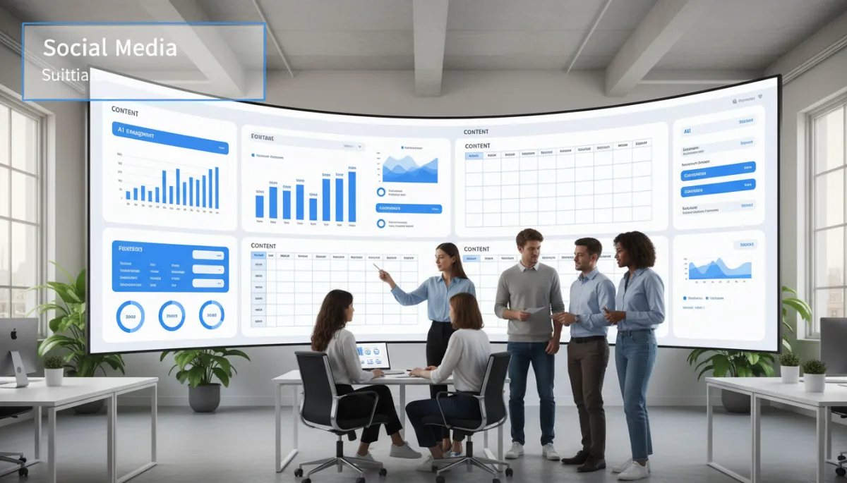 photorealistic modern marketing team in a bright office reviewing an AI-powered social media dashboard on large screens, charts and content calendars highlighted in vivid blue #1840ff with charcoal #333333 accents and soft white #fefdf8 backgrounds, subtle overlay space for title and subtitle text