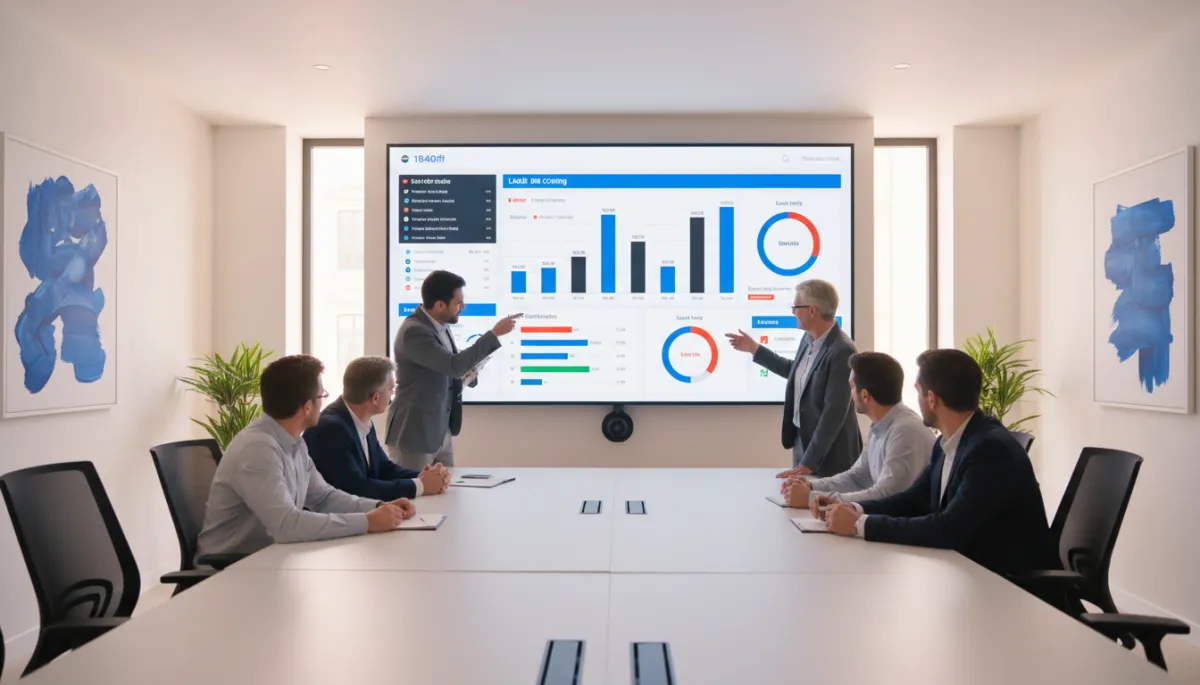 photorealistic modern SME sales team gathered around a large screen dashboard showing color-coded lead scores and a sales pipeline, office decor using vivid blue #1840ff accents, charcoal #333333 furniture, and soft white #fefdf8 walls and lighting