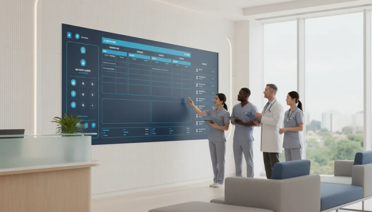 photorealistic modern healthcare clinic reception with diverse staff looking at a large wall-mounted dashboard in vivid blue #1840ff and charcoal #333333, showing appointment schedule, no-show alerts, and waitlist in real time, soft white #fefdf8 walls, subtle branding accents