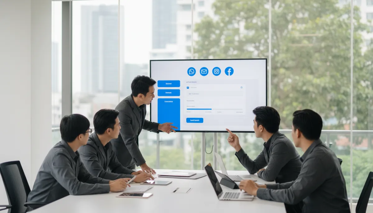 photorealistic modern SME marketing team in a glass-walled office, collaborating around a large screen showing a unified inbox with WhatsApp, email, Instagram and Facebook icons, UI accents in vivid blue #1840ff on a soft white #fefdf8 background, team wearing smart casual in charcoal #333333 tones, natural daylight, clean and professional look