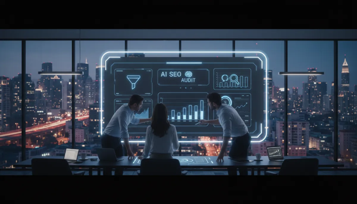 photorealistic modern marketing team in a glass-walled office reviewing an AI SEO audit dashboard on a large screen, charts in vivid blue #1840ff, dark UI elements in charcoal #333333, subtle highlights in soft white #fefdf8, evening city skyline outside, focused professional mood