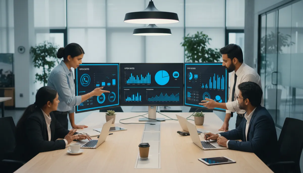 photorealistic overhead shot of an Indian SME marketing team in a modern office, analysing WhatsApp, email, and SMS campaign dashboards on vivid blue #1840ff and charcoal black #333333 screens, soft white #fefdf8 lighting, charts comparing open rates and conversions