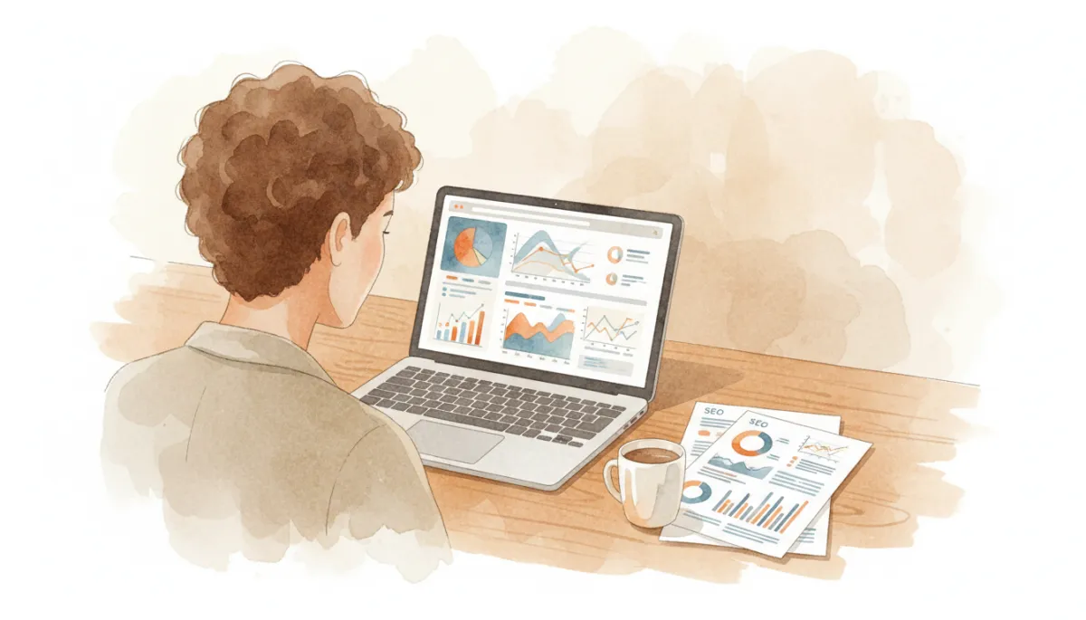 Profesional revisando panel de analítica web junto a reportes de SEO y SEM