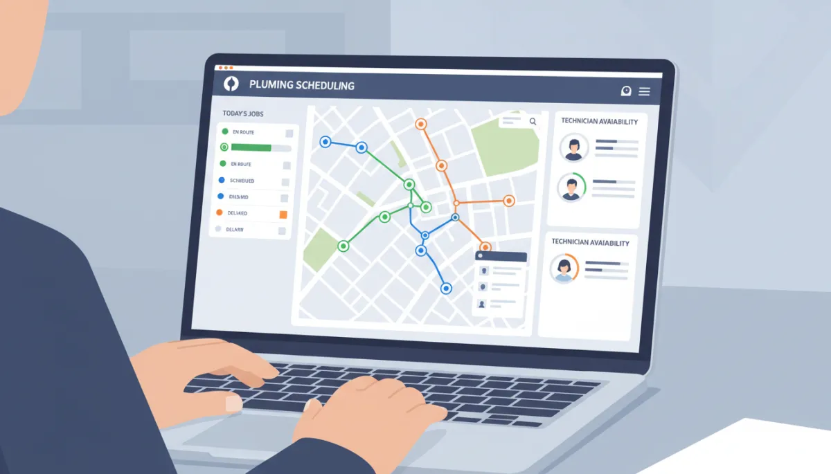 Dispatcher viewing an intelligent scheduling dashboard for a plumbing company Dispatcher viewing an intelligent scheduling dashboard for a plumbing company