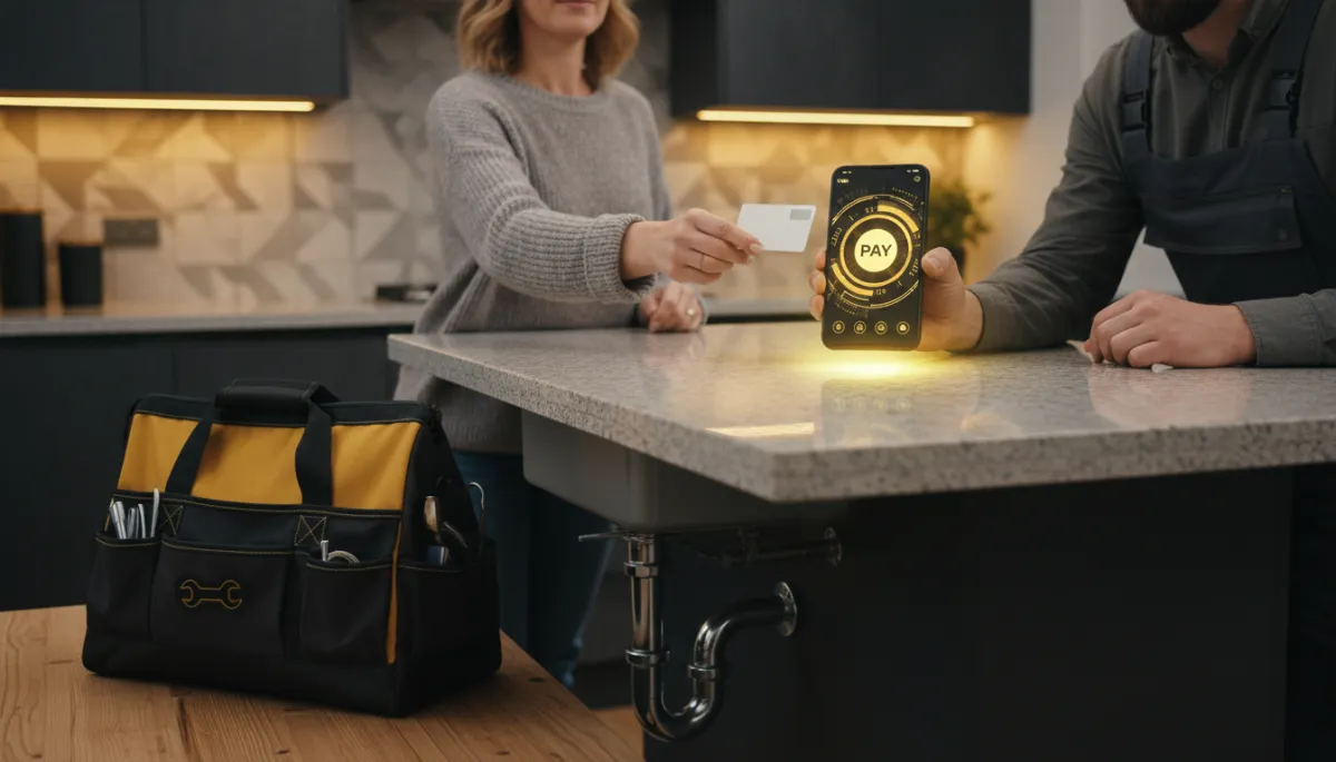 Homeowner using tap to pay on a plumber’s mobile POS after service