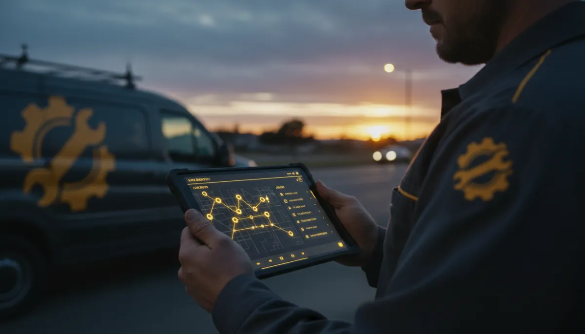 Technician viewing AI-powered dispatch automation and job details on a tablet