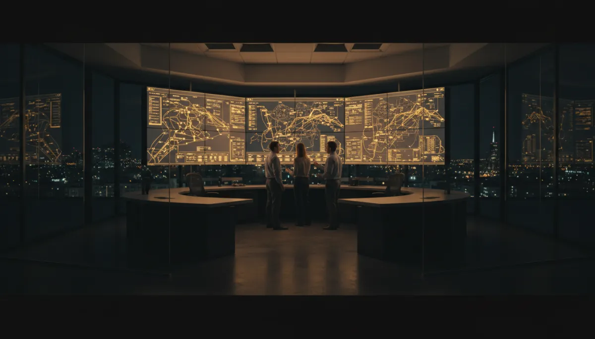 photorealistic wide shot of a modern plumbing company dispatch center at night, large wall screens glowing in dark charcoal and golden yellow UI, managers reviewing AI-driven schedule and live technician map, subtle reflections on glass surfaces
