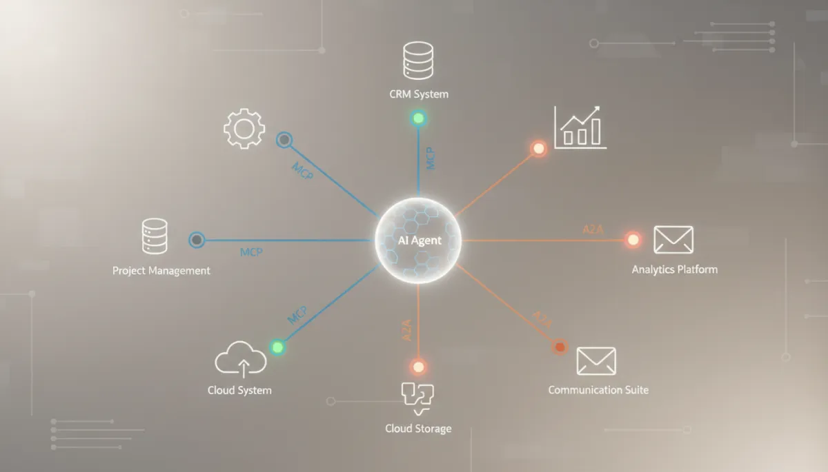 Diagram of AI agent connected to business tools with permissions managed through MCP and A2A