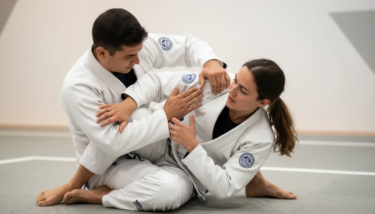 Instructor teaching a Brazilian Jiu-Jitsu escape technique to a beginner Instructor teaching a Brazilian Jiu-Jitsu escape technique to a beginner