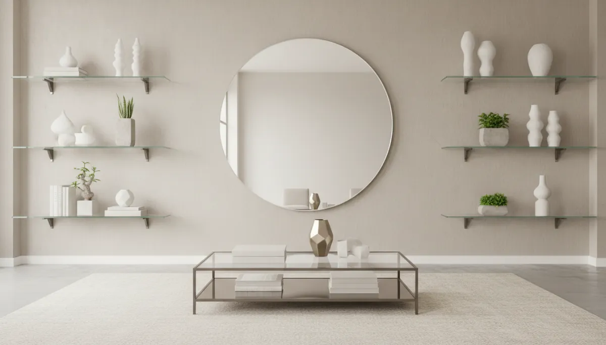 Aménagement intérieur avec étagères et plateau de table en verre sur mesure
