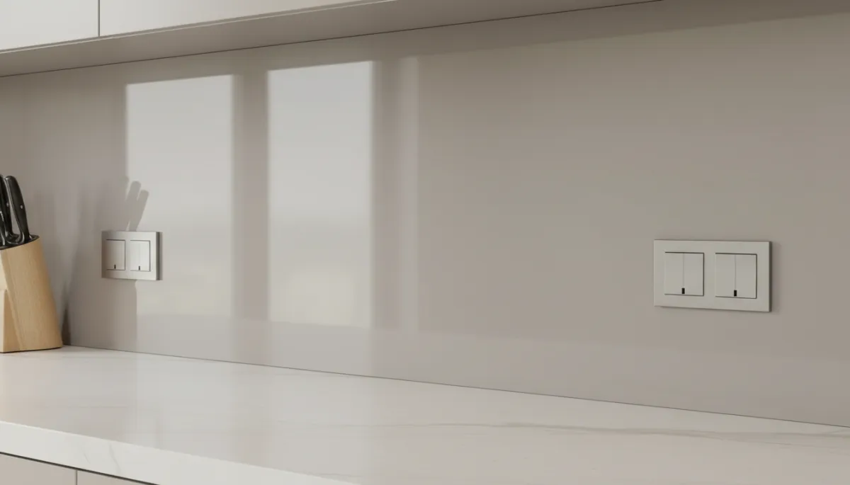 Détail de crédence en verre laqué avec découpes sur mesure