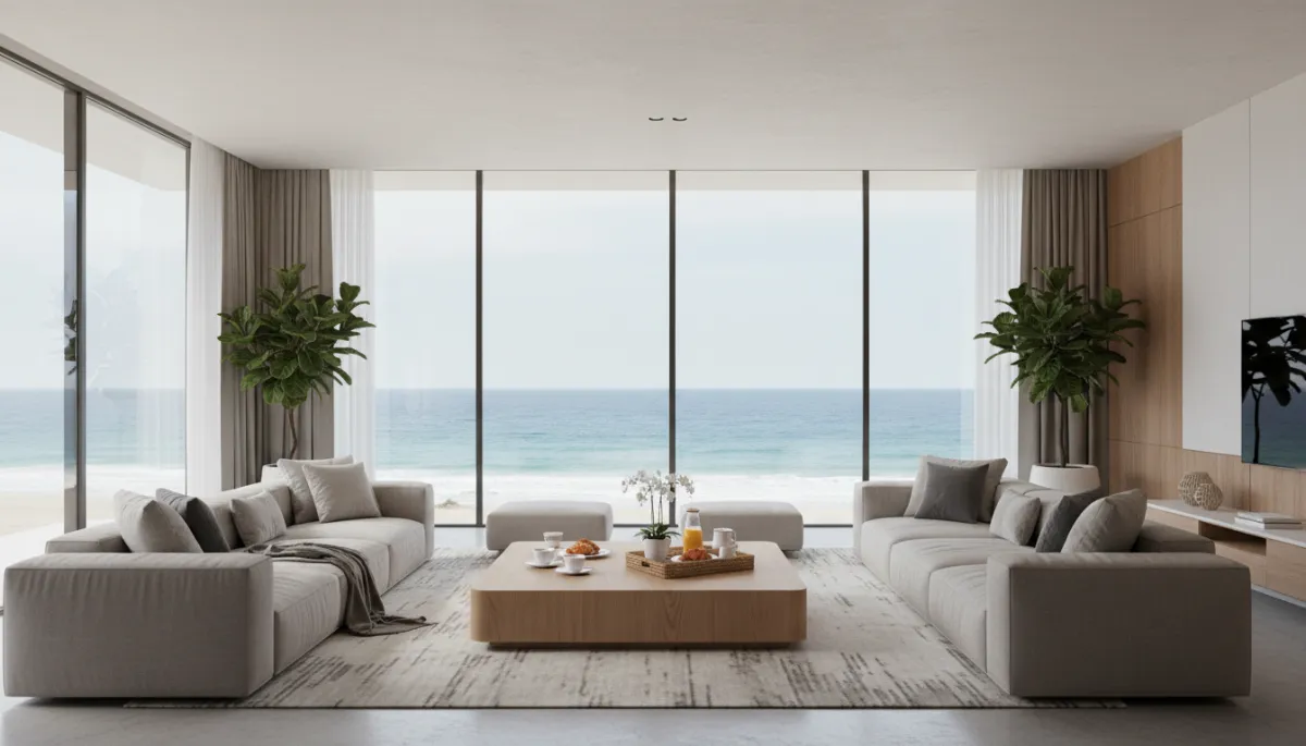 Elegant private villa living room overlooking a calm ocean