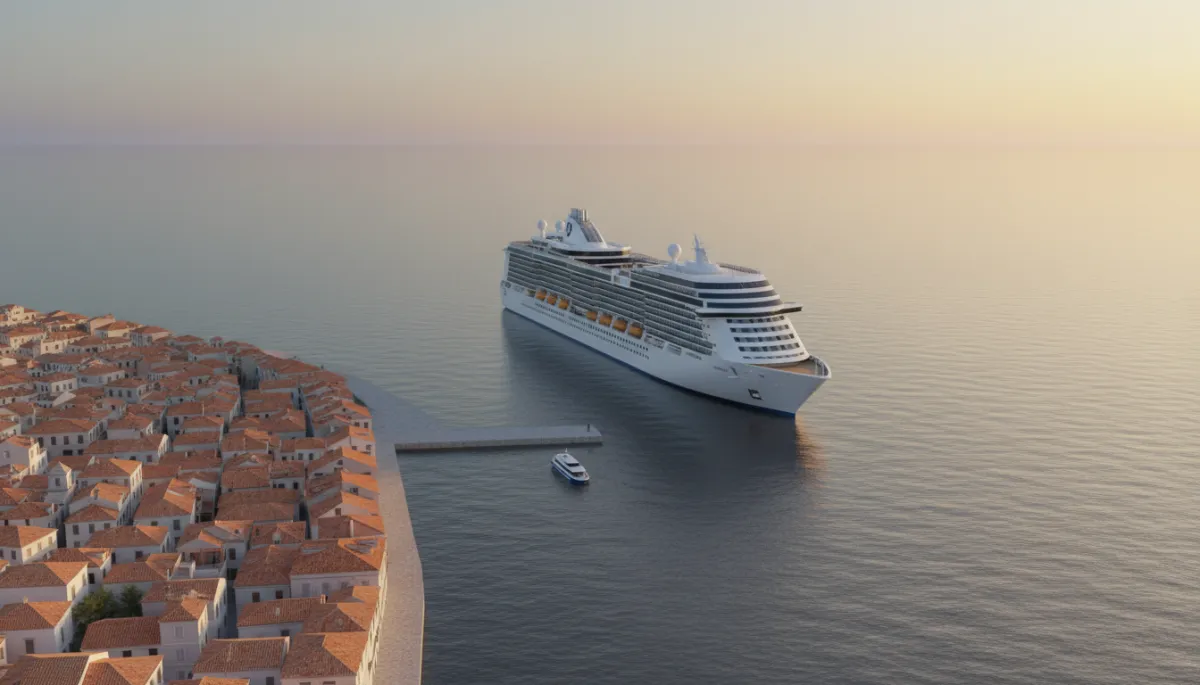 Cruise ship anchored off a Mediterranean coastal town at sunset