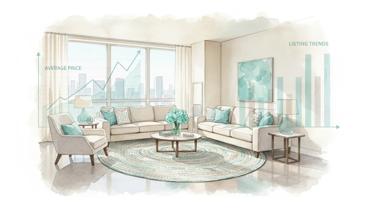 Modern Toronto condo living room with overlaid charts of prices and listings