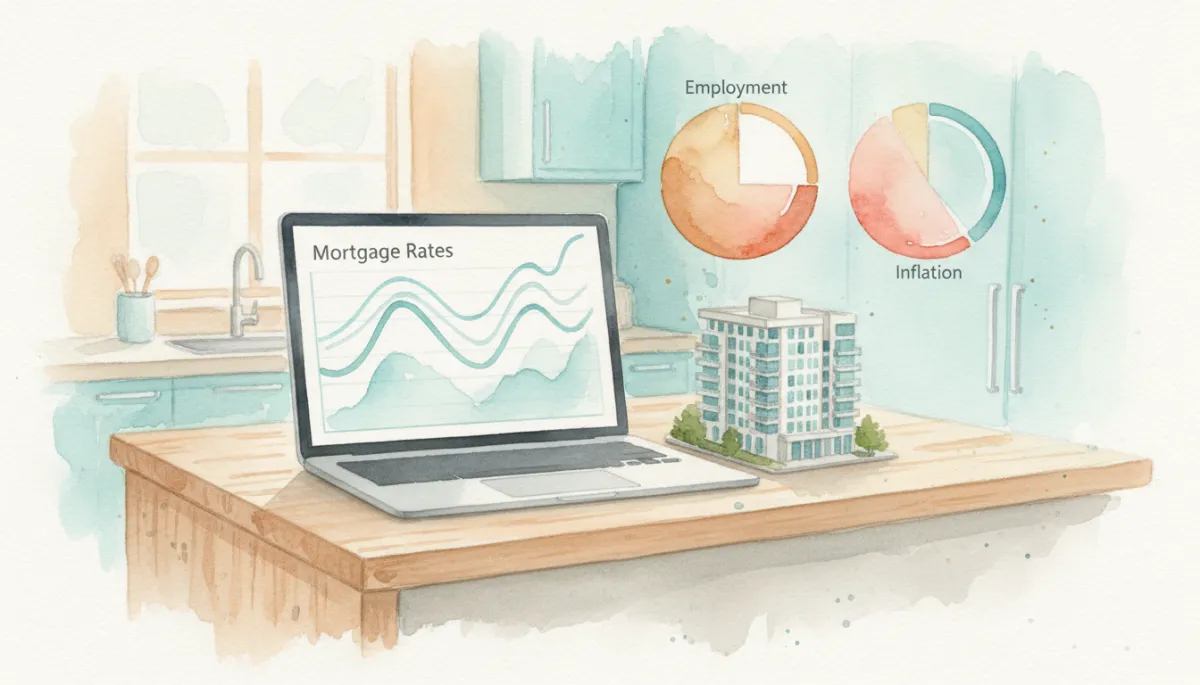 Mortgage rate, employment, and inflation charts beside a model condo