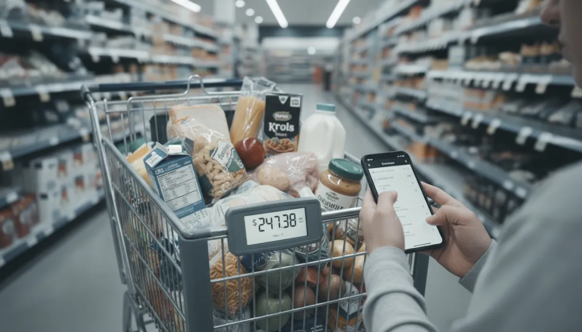Shopper in Toronto checking grocery prices against a budget list