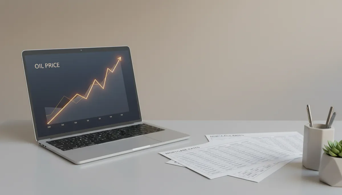 Professional neutral-toned scene with rising oil price chart and mortgage rate documents